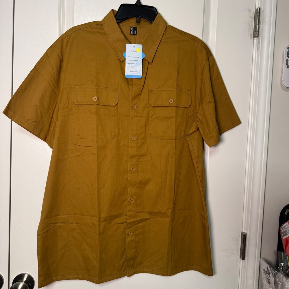 MAGCOMSEN Mens Short Sleeve Button Up Shirt Mustard Brown Tactical Large NWT